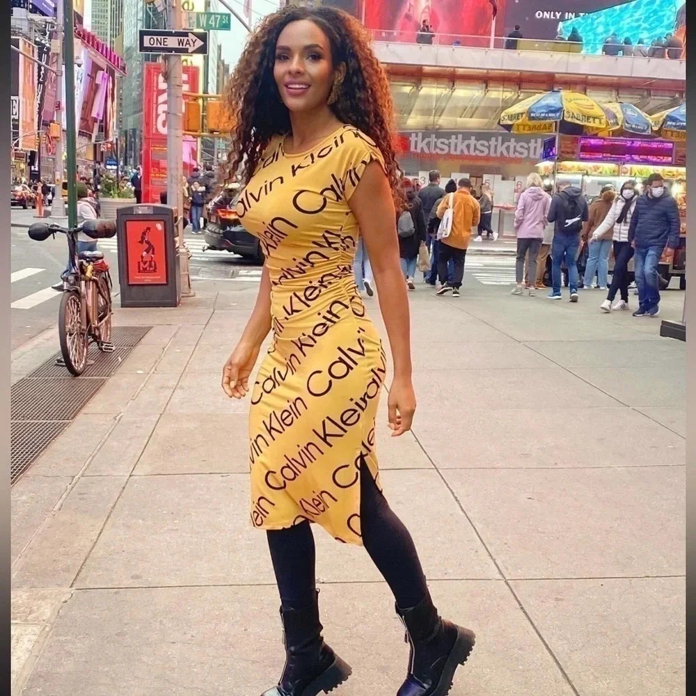 Calvin Klein Designer Art To Wear Black & Yellow Short Sleeve Midi Dress Size 16